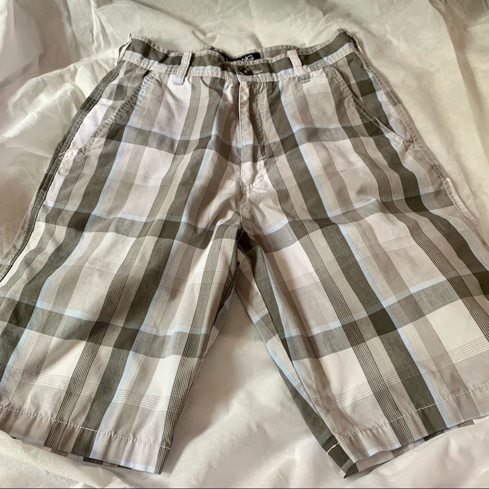 BILLABONG Gray, Light Blue and White Plaid Shorts